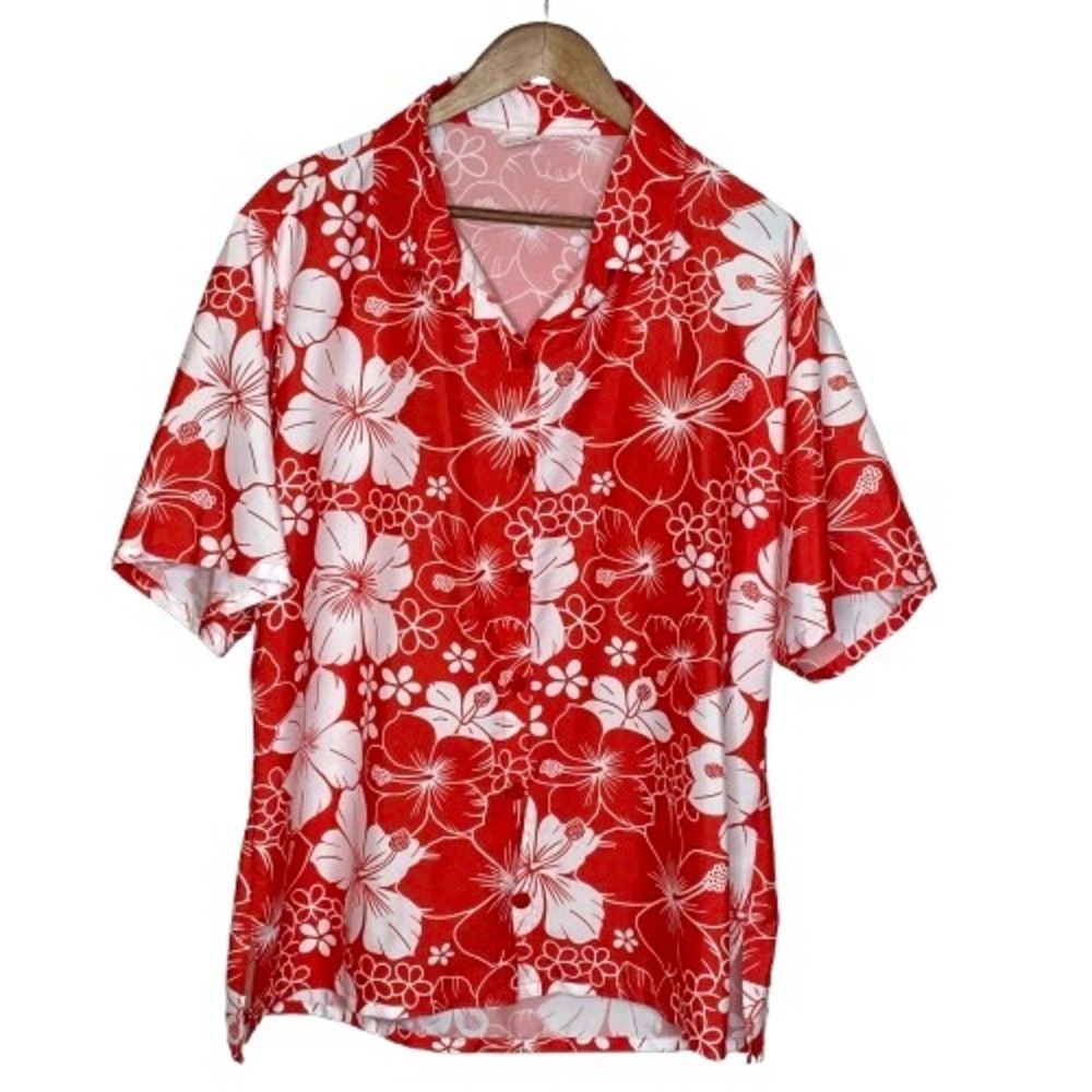 La Leela Mens Hawaiian Aloha Camp Shirt Size XL Red White Hibiscus Tropical Luau